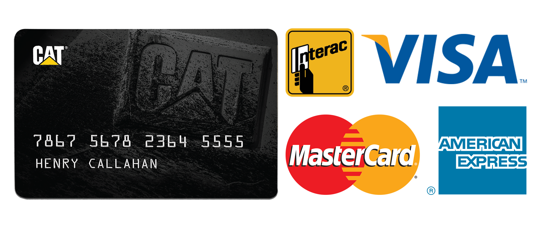 CAT card, interac, visa, mastercard, amex